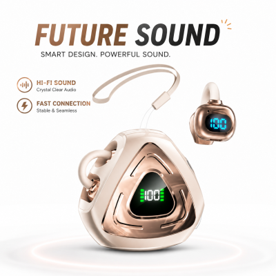 J82 Open-Ear Clip-On True Wireless Earbuds – Bluetooth 5.4 TWS Gaming Headphones with Digital LED Display, Low Latency & IPX4 Waterproof